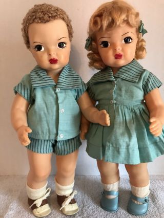 Vintage 16” Terri Lee and Jerri Lee In Matching Turquoise Family Suits Tagged 3