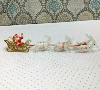 Vintage Miniature Santa Sleigh & 6 White Reindeer Plastic Hong Kong