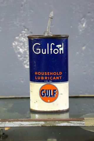 Vintage Gulf Lead Top Household Oil Can - Gulfoil 4 Oz Handy Oiler Tin Old