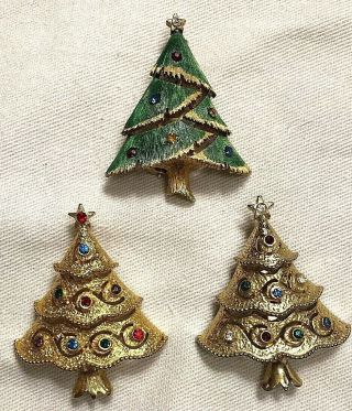 3 Vintage Ugly Sweater Rhinestone Christmas Tree Brooches Brooch Pin Signed J.  J.