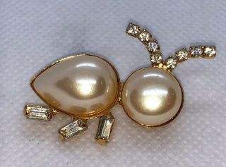 Vintage " Bug " Brooch - Faux Pearl Rhinestone - 74jewelry