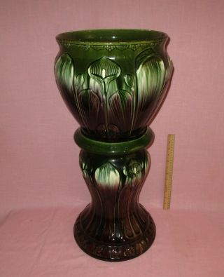 Antique Brush Mccoy Pottery Blended Majolica Calla Lily Jardiniere & Pedestal