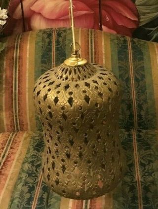 Vtg Moroccan Pierced Brass Hanging Ceiling Lamp