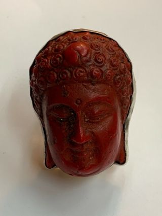 Antique Huge Tibetan Carved Cinnabar Buddha Head Silver Ring Size 9.  5