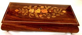 Italian Hand - Made Wood Inlay,  13”l,  Jewelry/trinket Music Box.  Gold Floral.  Vtg