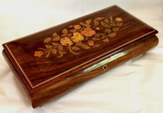 Italian Hand - Made Wood Inlay,  13”L,  Jewelry/Trinket Music Box.  Gold Floral.  VTG 2