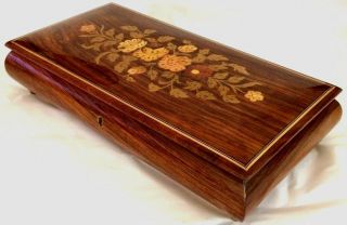 Italian Hand - Made Wood Inlay,  13”L,  Jewelry/Trinket Music Box.  Gold Floral.  VTG 3