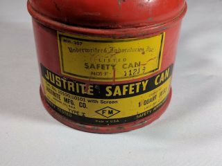 Vintage Justrite Red Metal 1 Quart Safety Can With Screen 2