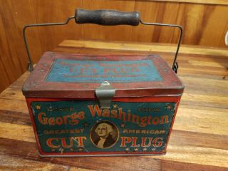 Antique George Washington Cut Plug Tobacco Tin Box Rj Reynolds Lid Handle