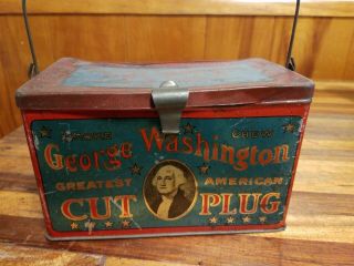 Antique GEORGE WASHINGTON CUT PLUG TOBACCO TIN BOX RJ REYNOLDS lid handle 2