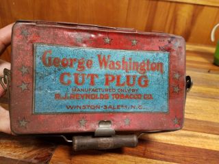 Antique GEORGE WASHINGTON CUT PLUG TOBACCO TIN BOX RJ REYNOLDS lid handle 3