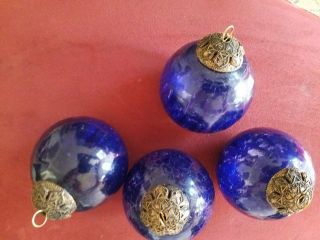 3 Vintage Kugel Round Cobalt Blue Mercury Crackle Glass Christmas Tree Ornament