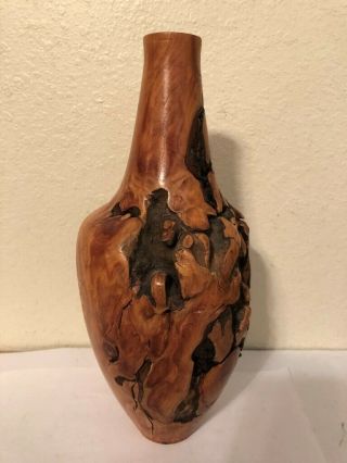 Vintage Juniper Vase Handcrafted Art Juniper Wood Pot Signed 11” H