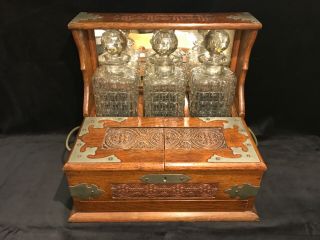 Antique English Victorian Oak Three Crystal Decanter Tantalus Games Compendium