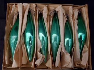 6 Vintage Green Handblown Mercury Glass Icicle Teardrop Christmas Tree Ornaments