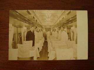 Old Vintage Rppc Photo Postcard Railroad Train Dining Car Interior & Waiters