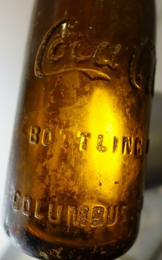 Vintage Antique Straight Side Amber Glass Script Coca Cola Bottle Columbus Ohio
