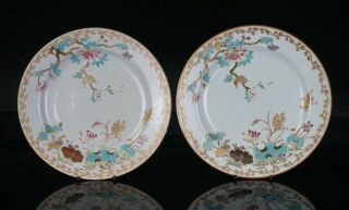 Fine Pair Antique Chinese Famille Rose Porcelain Bird Flower Plate 18th C Qing