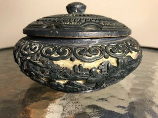 Antique Chinese Hand Carved Cinnabar Round Box With Lid