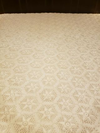 Vintage Crochet Popcorn Star Coverlet Handmade Bedspread 88 " X 80 " Ecru Cotton