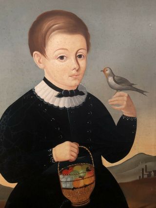 Antique/vintage Folk Art Painting Portrait Of Boy With Bird Boston,  Mass