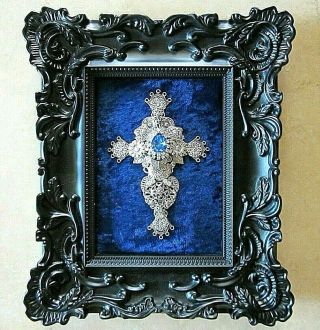 Framed Vintage Jewelry Art On Velvet,  Cross
