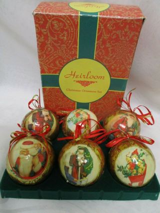 Vintage Heirloom Christmas Ornament Set Of 6 Paper Mache - Like Balls