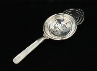 Antique English Silver Plate Tea Strainer With Mother - Of - Pearl Handle,  C 1900