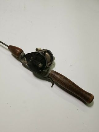 Vintage Wooden Handle Fishing Rod With Ocean City Reel