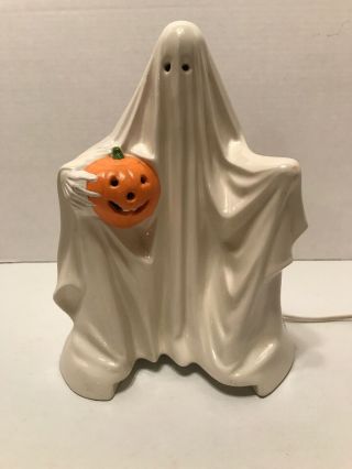 Vintage Ceramic Ghost Holding Pumpkin Halloween Light Up Decoration 9.  5”