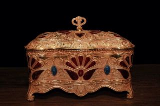 Chinese Antique Tibetan Custom Copper Inlaid Gem Cloisonne Jewelry Box
