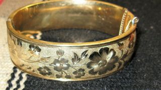 Antique Signed F.  M.  Co.  12kt Gold Filled Wide Bangle Bracelet,  Floral Design