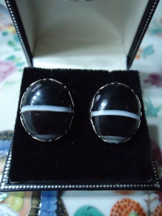 Antique Victorian Deco Banded Agate Silver Pierced Large 1.  6cm.  5 " Stud Earrings