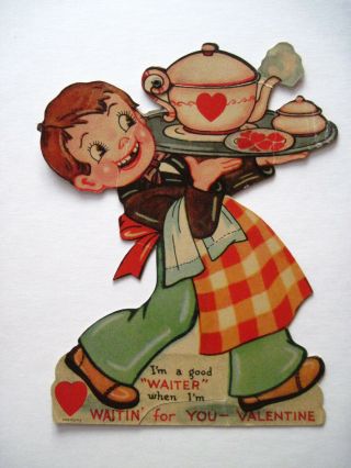 Cute Vintage Antique Mechanical Valentine W/ Waiter & Hot Tea Pot