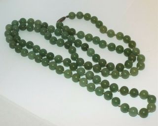 Vintage Long Chinese Jade Bead Necklace Sterling Silver Clasp 145 Grams