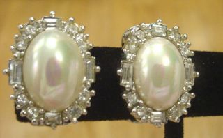 Vintage Christian Dior Earrings Faux Pearls W Sparkling Rhinestone Crystals Clip