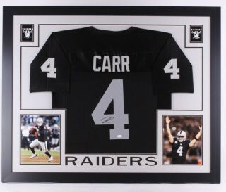 Derek Carr Autographed/oakland Raiders Framed 35”x43” Black Jersey Jsa/coa