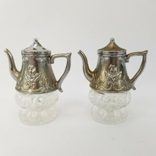 Vtg Japan Metal & Glass Heavy Victorian Rose Teapots Salt And & Pepper Shakers