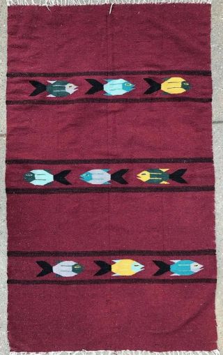 Vintage Mexican Zapotec Fishes Red Wool Rug 45x78” Wall Hanging Blanket Decor 2