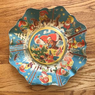 Vintage Germany Santa And Elves Christmas Paper Bowl Tray Plate
