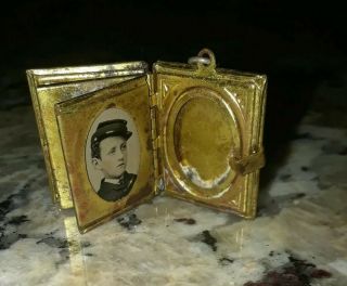 Antique Mourning Jewelry Locket Fob Victorian Civil War 2 Tin Types