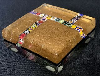 Vintage Murano Italy Glass Paperweight 2.  5” Square Gold & Millefiori Venice Stud