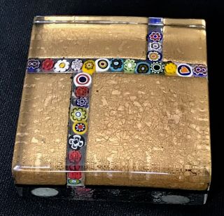 Vintage MURANO Italy GLASS PAPERWEIGHT 2.  5” square gold & millefiori Venice Stud 3