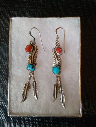 Vintage Native American Turquoise And Coral Sterling Silver Earrings