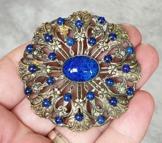 Edwardian Vintage Czech Jewellery Lapis Lazuli Cabochon Filigree Gold Brooch Pin