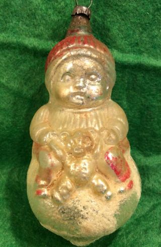 Antique German Blown Glass Boy On Snowball,  Teddy Bear Christmas Ornament