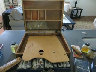 Vintage Antique Grumbacher Painting Box W/paints,  Brushes,  & Much More