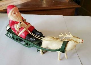 Vintage 8 " Santa Claus & Sleigh Reindeer Occupied Japan Figurine Wind Up Toy Nr