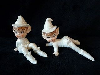 2 Vintage Lefton Japan White Pixie Elf Figurine Pearl Iridescent Figurines