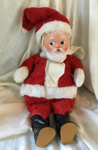 Vintage Santa Claus Rubber Face,  Plush Body,  Black Boots Mid Century 15 - 16” Tall
